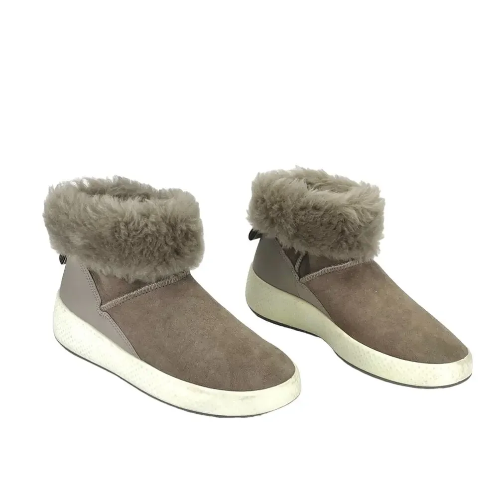 Ecco Women Taupe Winter Boot Size 5-5.5 Leather Shearling Lined Foldable Bootie